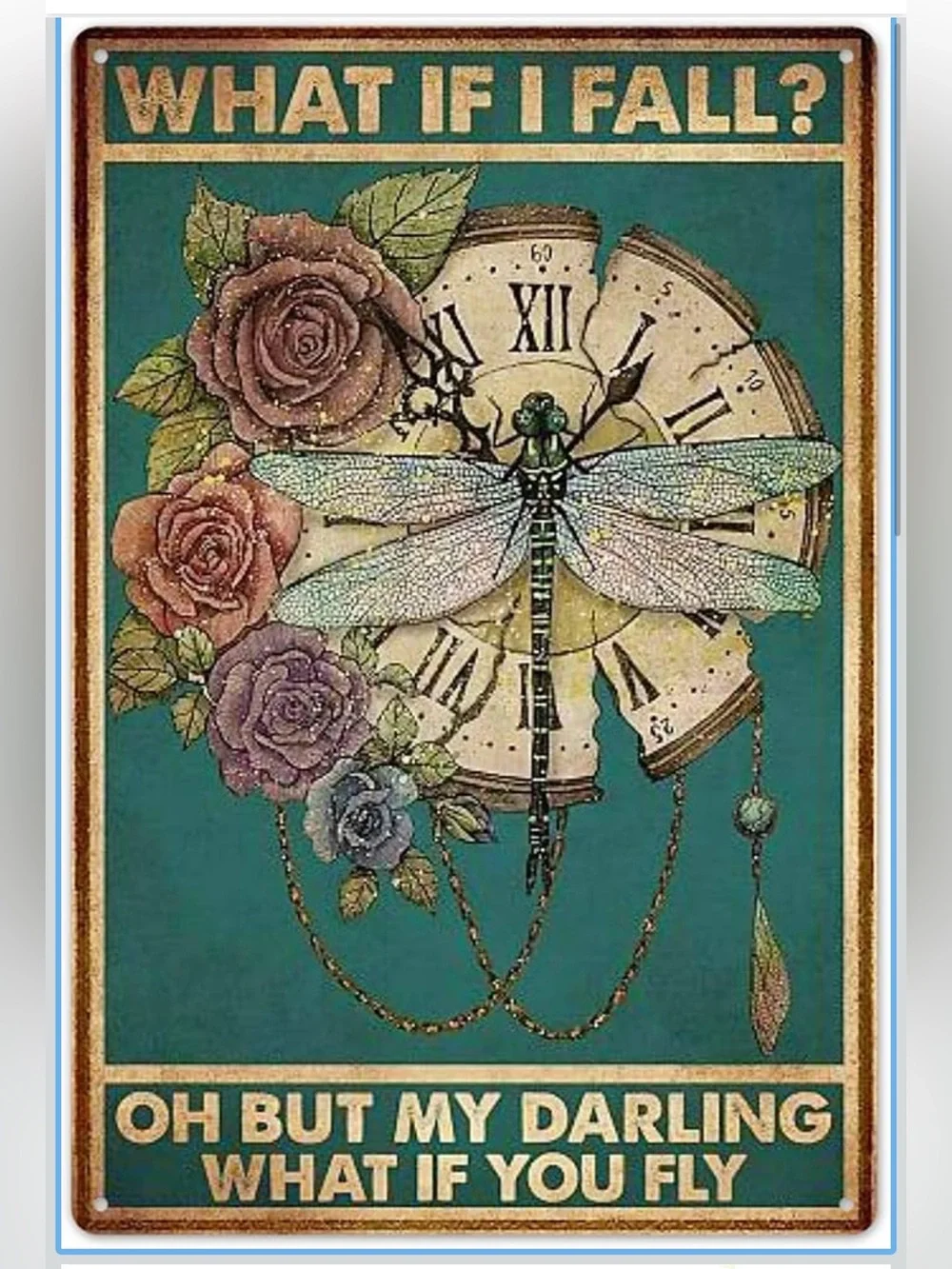 Dragonfly Vintage Clock Wall Art Poster - Teal & Multicolor